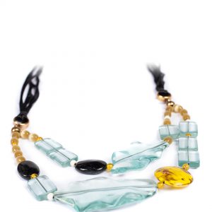 Κολιέ σύνθεση με φύλλα στο χρώμα του νερού, ορυκτό αχάτη και διακοσμητικό από μουράνο