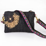 Γυναικεία τσάντα χιαστί, bohemian style, μαύρη ψάθα